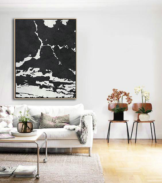 Large Modern Abstract Painting,Black And White Minimalist Painting On Canvas - Large Abstract Wall Art
